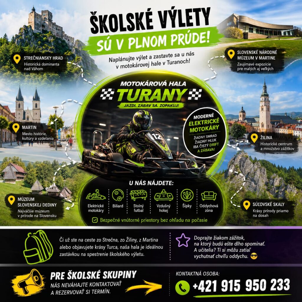 Školské výlety v okolí Žiliny, Martina, Strečna a Turca s návštevou motokárovej haly GR Drift Turany
